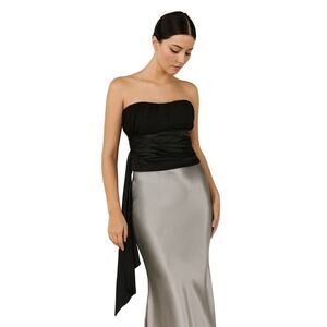 Vintage 90s Vintage Black Strapless Satin Pleated Bustier Top Silk Side Sash